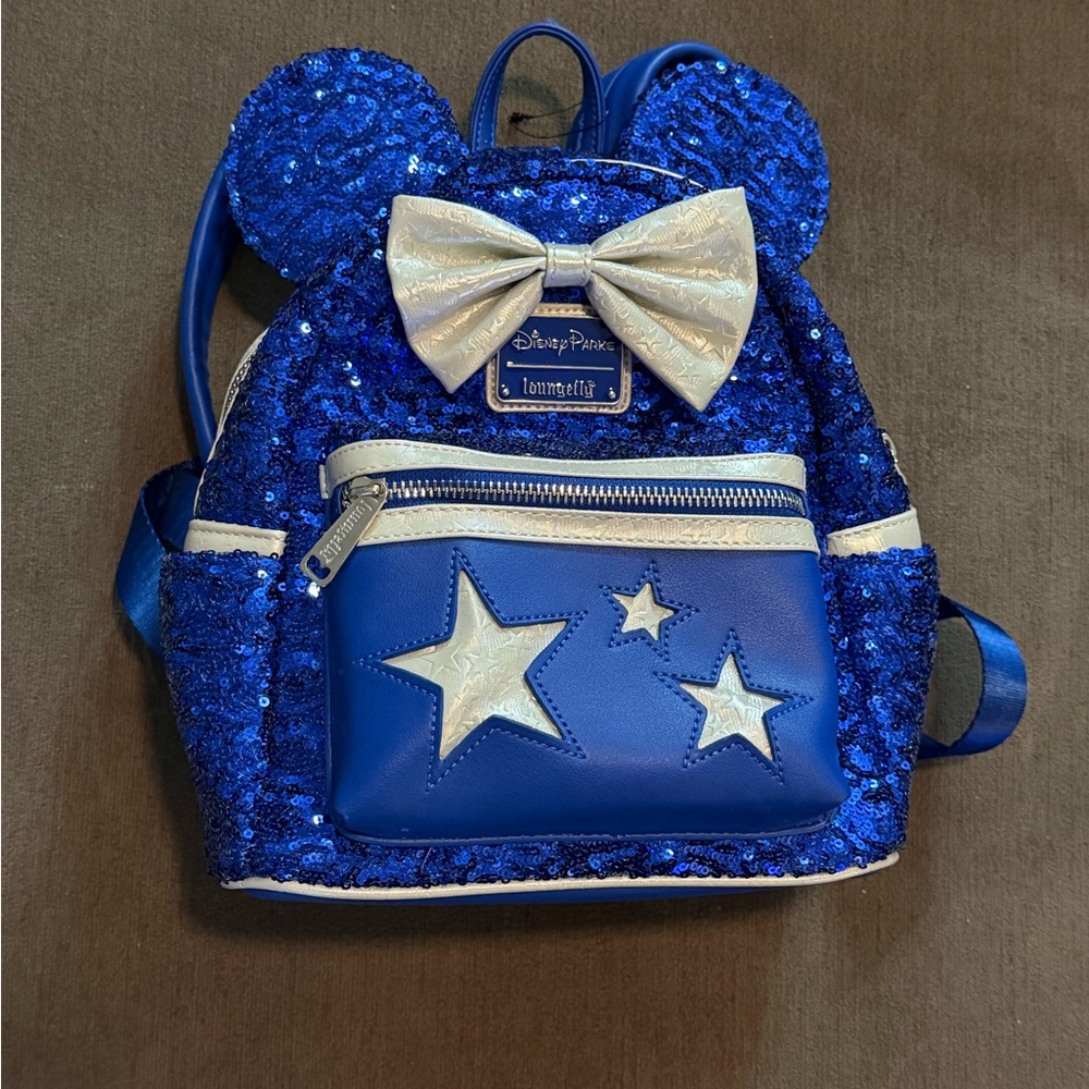 Loungefly Royal Blue Sequin Minnie Ear Mini Backpack with Silver Bow